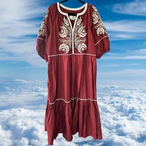Anthropologie Gretel Embroidered Maxi Dress Maroon White 1X